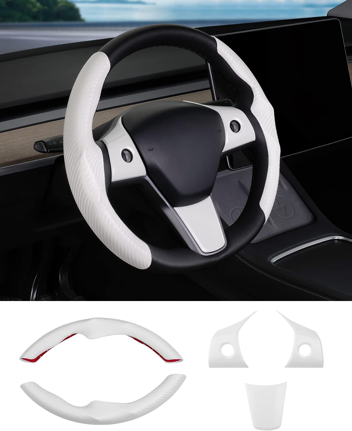 Canvcle Steering Wheel Cover for 2016-2023 Telsa Model 3/2020-2024 Model Y Accessories Carbon Fiber Steering Wheel Cover Protector Anti-Slip, Comfortable, Breathable, Model 3/Y Accessories, White 5PCS