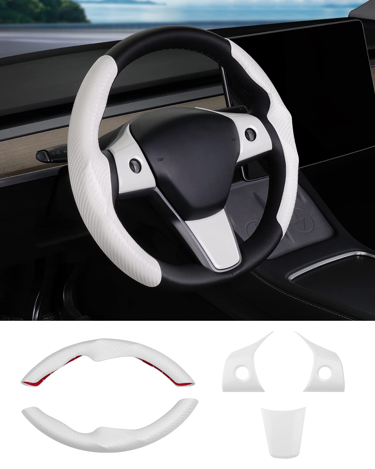 Funda de volante Canvcle para Tesla Model 3 2016-2023, Model Y 2020-2024, de fibra de carbono, antideslizante, cómoda y transpirable, color blanco, 5 unidades