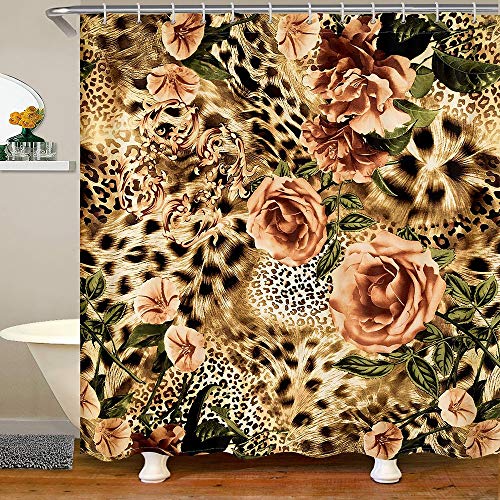 Leopard Shower Curtain Rose Bathtub Shower Curtain Boho Floral Bath Curtain Cheetah Animal Pattern Bathroom Sets Accessories For Kids Girls Women, Brown Waterproof Shower Curtain 72" W X 84" L #TOP5