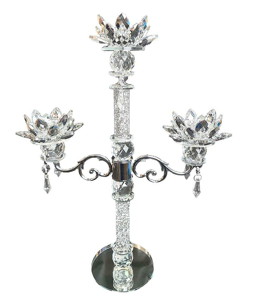 Shabjy Silver Crushed Diamond Lotus Crystal Candle Holder – Set Of 3 Tealight Holders, 35Cm Elegant Flower Candelabra, Sparkling Crystal-Filled Centerpiece, Home Decor, Wedding, Birthday & Party Ornament