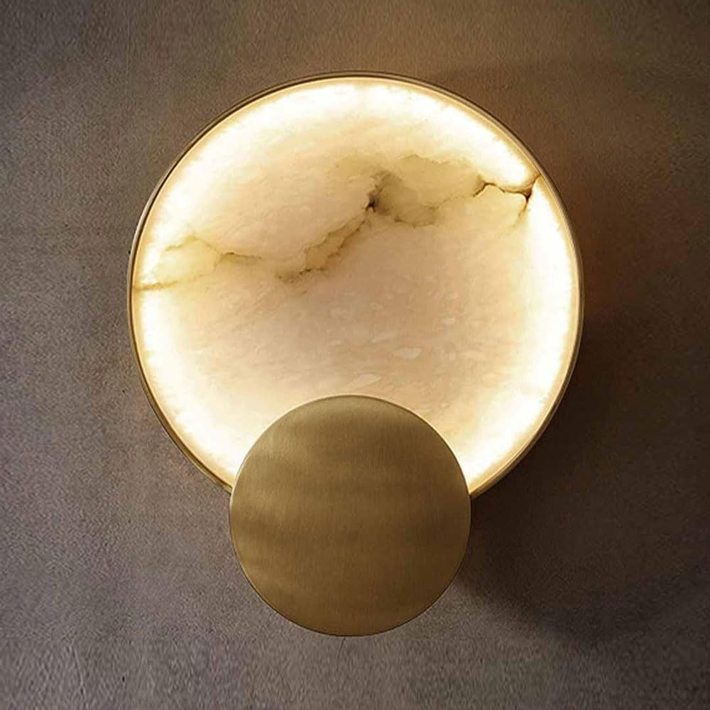SSBHDM Medieval Modern Style Wall Light, 8.6 Inch Round Alabaster Wall Sconce, LED Light Source Marble Wall Lamp, Restaurant Living Room Bedroom Decoration Lighting Fixtures