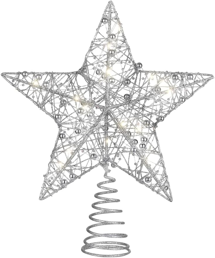 TOYANDONA Glittered Star Tree Topper 10 Inch Christmas Tree Toppers Star Treetop Xmas Christmas Tree Decorations Party Home Decor Silver