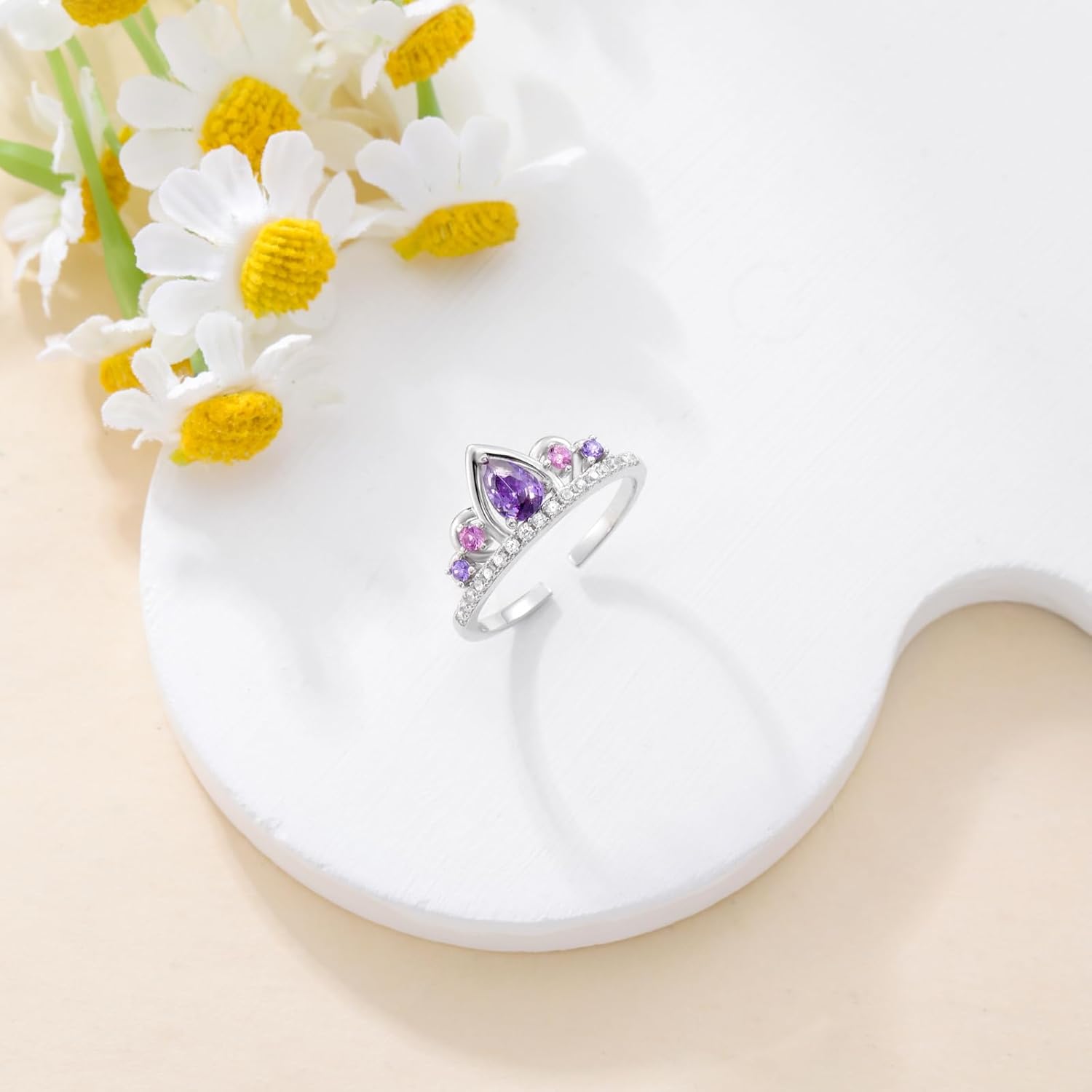 925 Sterling Silver Princess Crown Tiara Ring Sparkling Ring Pear Engagement Ring Pink & Purple Birthstones Anniversary Rings for Women - Image 2