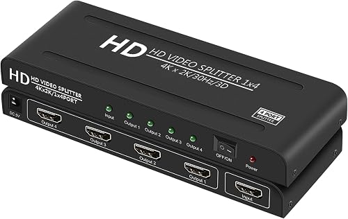 4K HDMI Splitter 1 in 4 Out - 1x4 Powered HDMI Splitter 4 Port Multi Monitor Outputs,Mirror/Copy Screen Only (Not Extend) Support 4Kx2K@30Hz 3D for PS4/Projector/HDTV