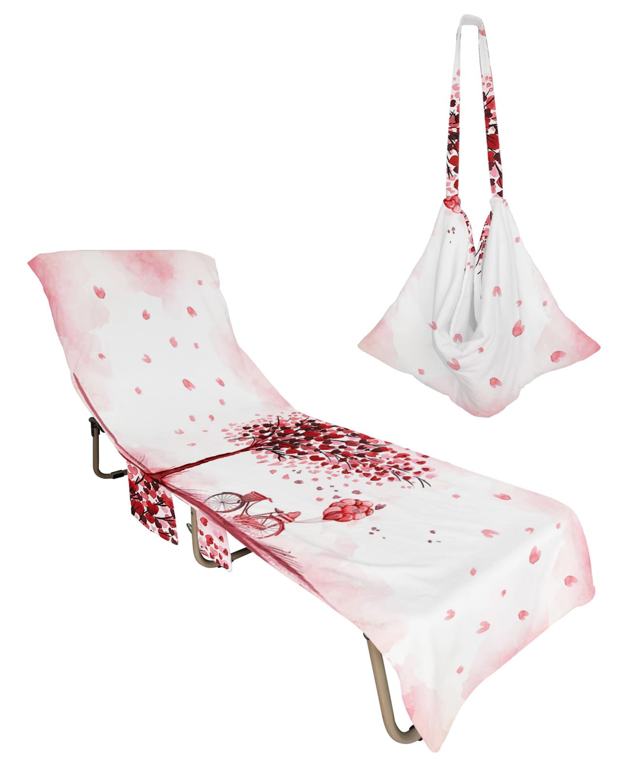 Red Pink Valentines Beach Lounge Chair Towel Cover, Soft Chaise Lounge Towel with Side Pockets Patio Pool Chairs Cover for Beach/Pool Sunbathing 29x85 Love Heart Tree Balloon Bike