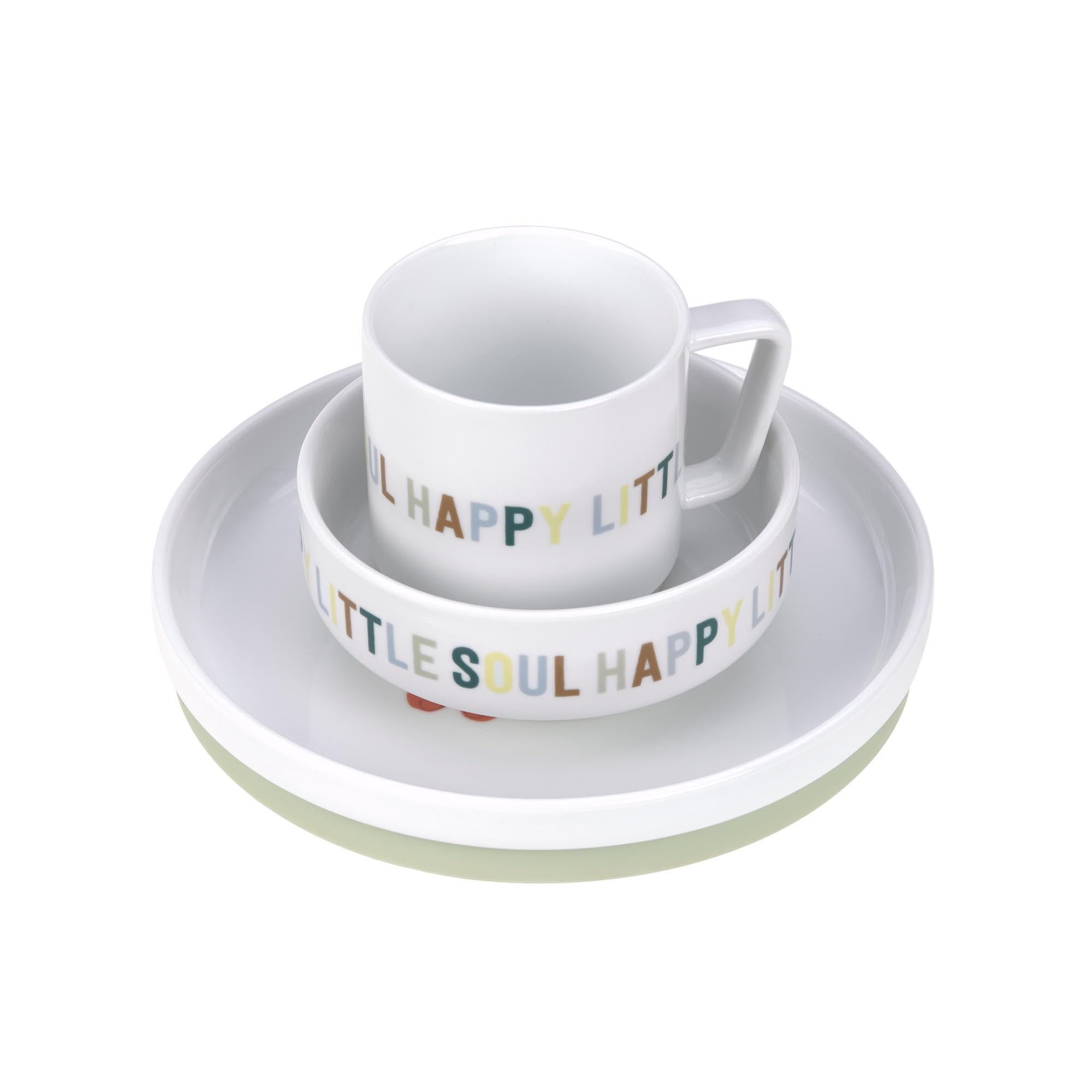 LÄSSIG Geschirrset Porzellan Kindergeschirrset Teller Schüssel Tasse mit Silikonring rutschfest Kindergeschirr/Happy Fruits