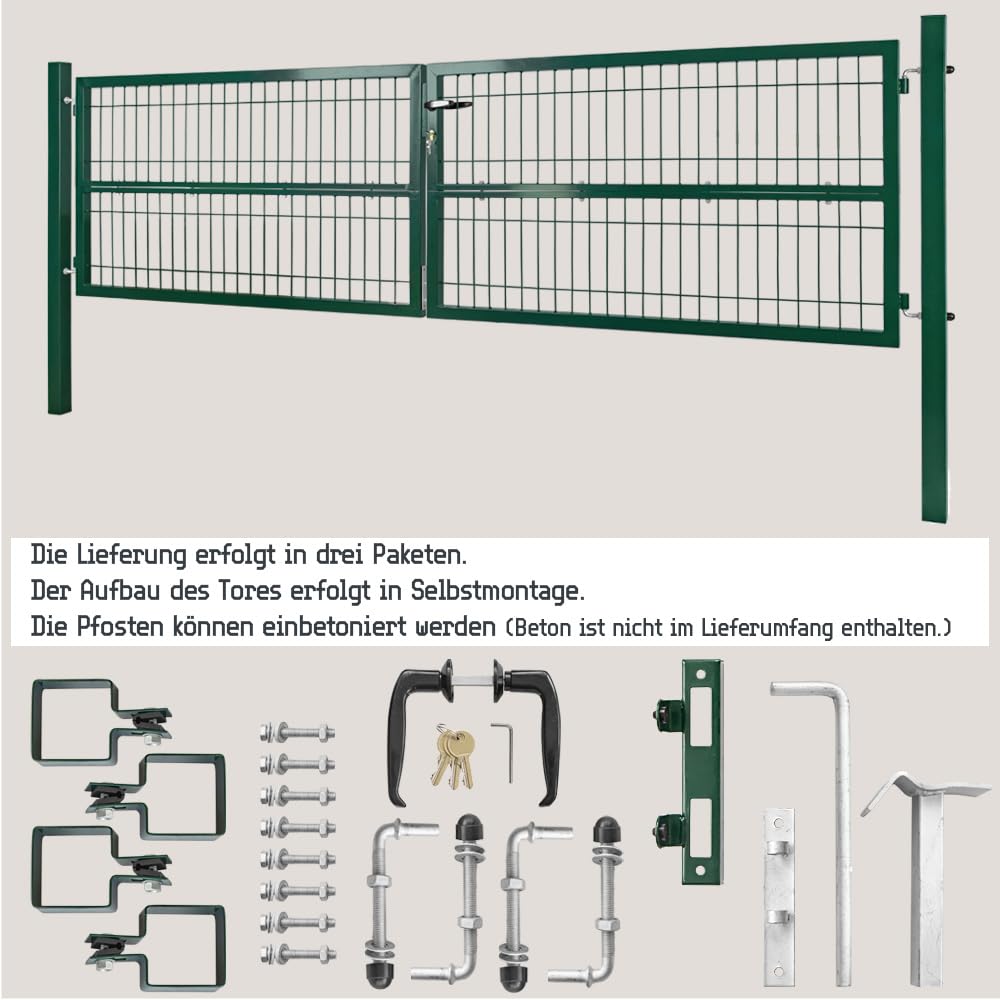 Gartentor Tor 300 x 80 cm Gartenzaun Zaun Doppelflügelig Gartentür aus Metall für Stabmattenzaun Abschließbar inkl. Pfosten Grün V2Aox
