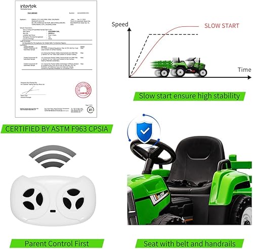 Miniatura 4 de Tractor de paseo para niños con remolque verde y control remoto, vehículo eléctrico con batería de 12 V para niños pequeños con arranque lento, 7