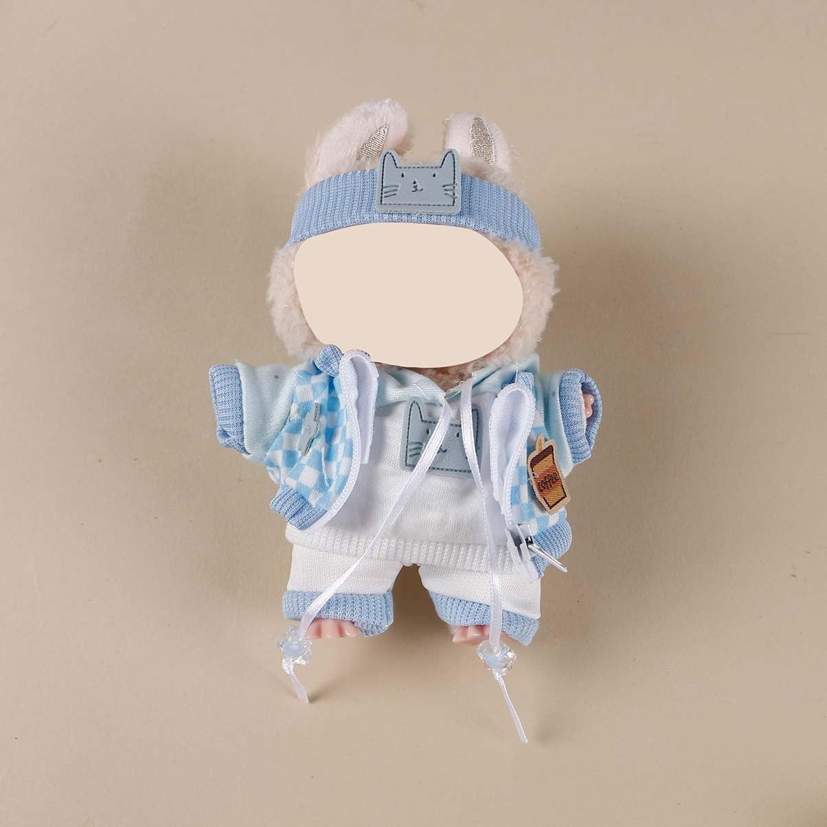 Compatible with Labubu (NO Doll) - Light Blue Layered Set (Cat-Embroidered Headband + Hoodie + Checkered Jacket + Shorts), 15cm/17cm Doll Clothing (Light Blue)