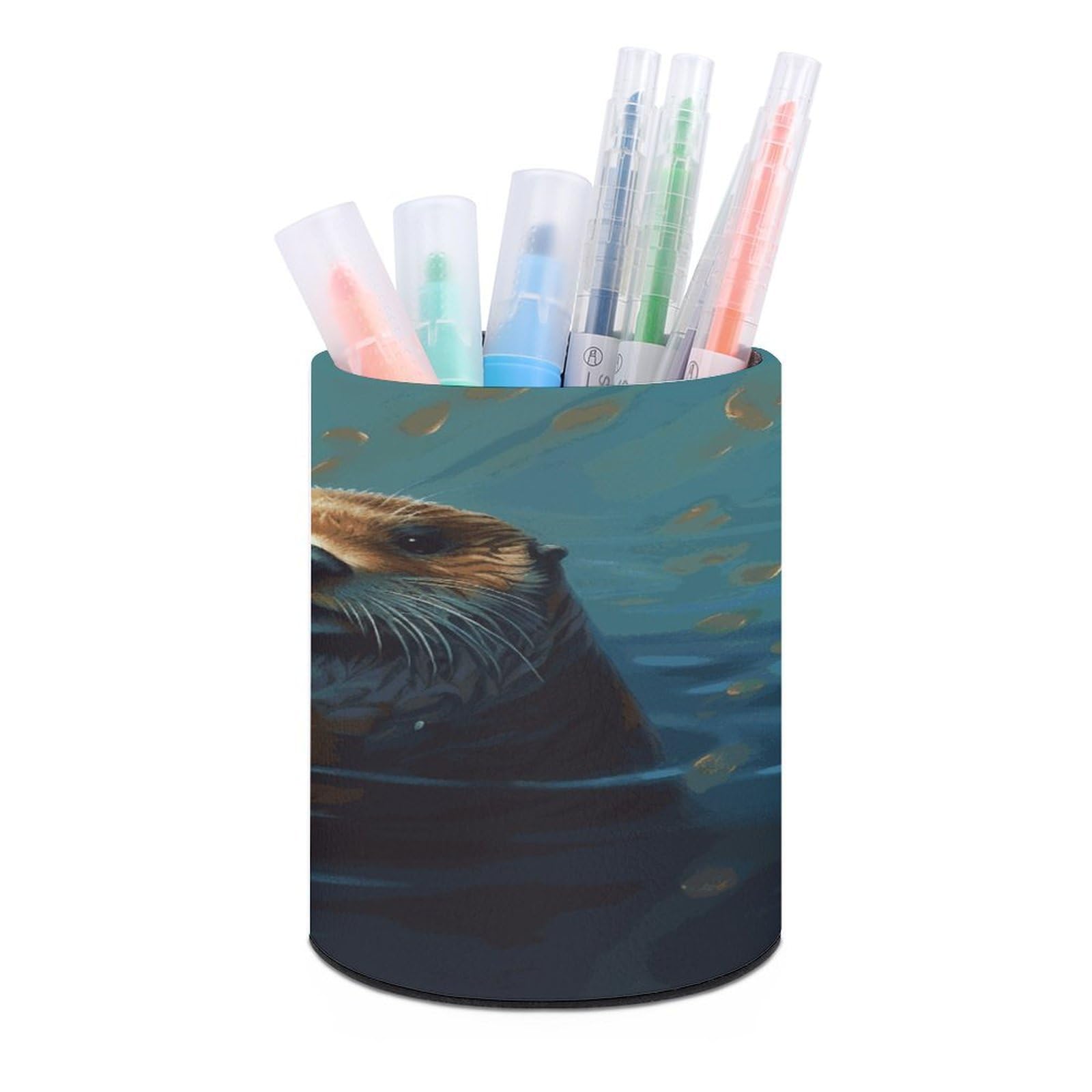 LDGSUPH Sea Otters Painting Round Pen Holder Leather Pen Cup Pencil Cup Pen Organizer Pencil Holder for Desk Organizer Pencil Organizers Makeup Brush Holders for Home Office Gift