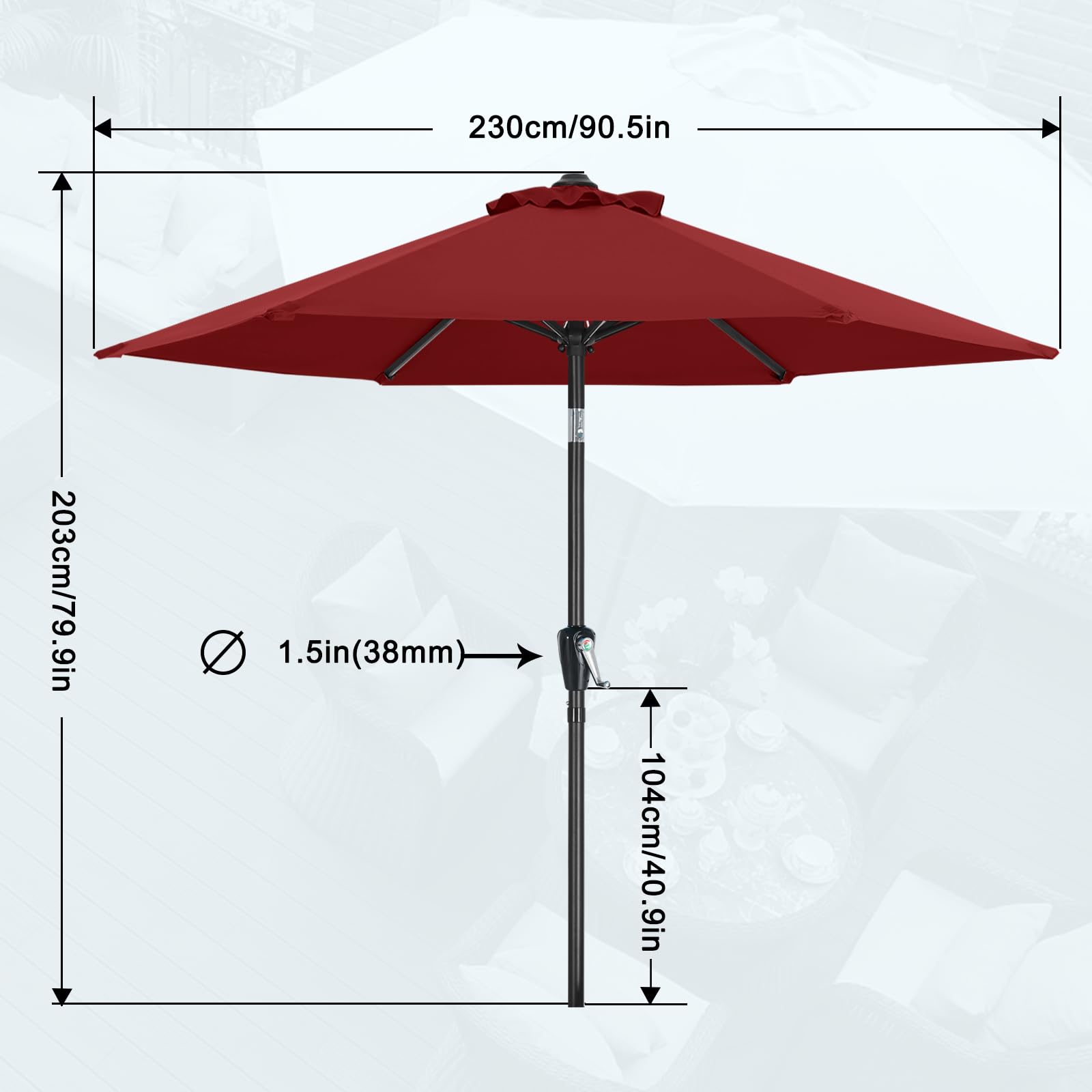 MasterCanopy 230 cm Sonnenschirm mit 6 Rippen & Kurbel, Burgund | Neigungsverstellbar, UPF50+ Sonnenschutz, für Patio, Garten, Terrasse, Markt