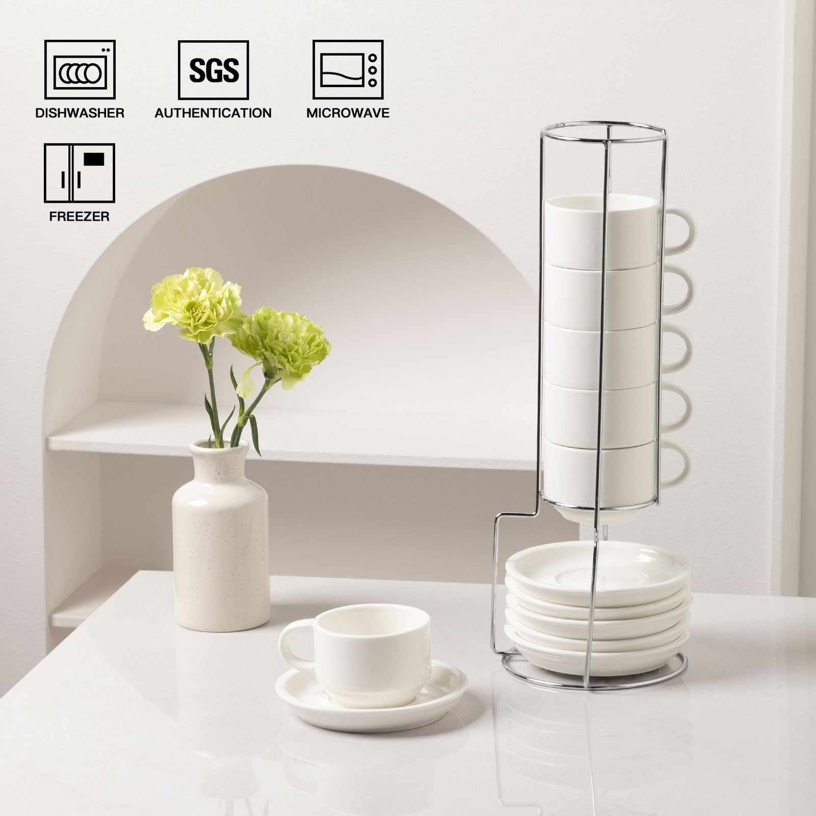 Sweejar Home Lot de 6 tasses à expresso et soucoupes empilables en porcelaine avec support en métal pour latte, café, moka, thé 120 ml (blanc)