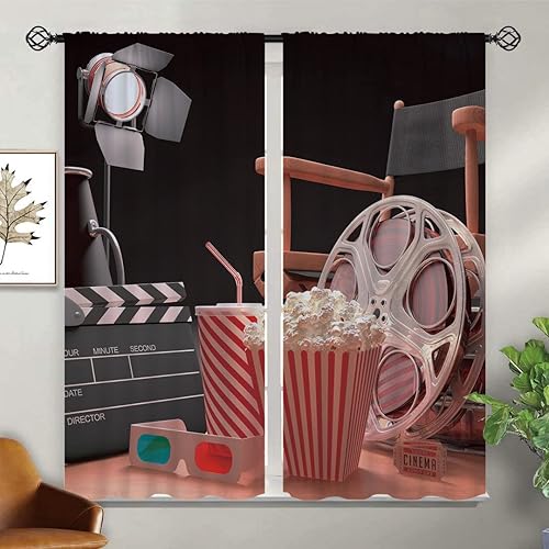 Miniatura 12 de Cortinas opacas de cine para niñas y niños, decoración del hogar, cámara retro, cinematografía, película de cine con bolsillo para barra, cortinas