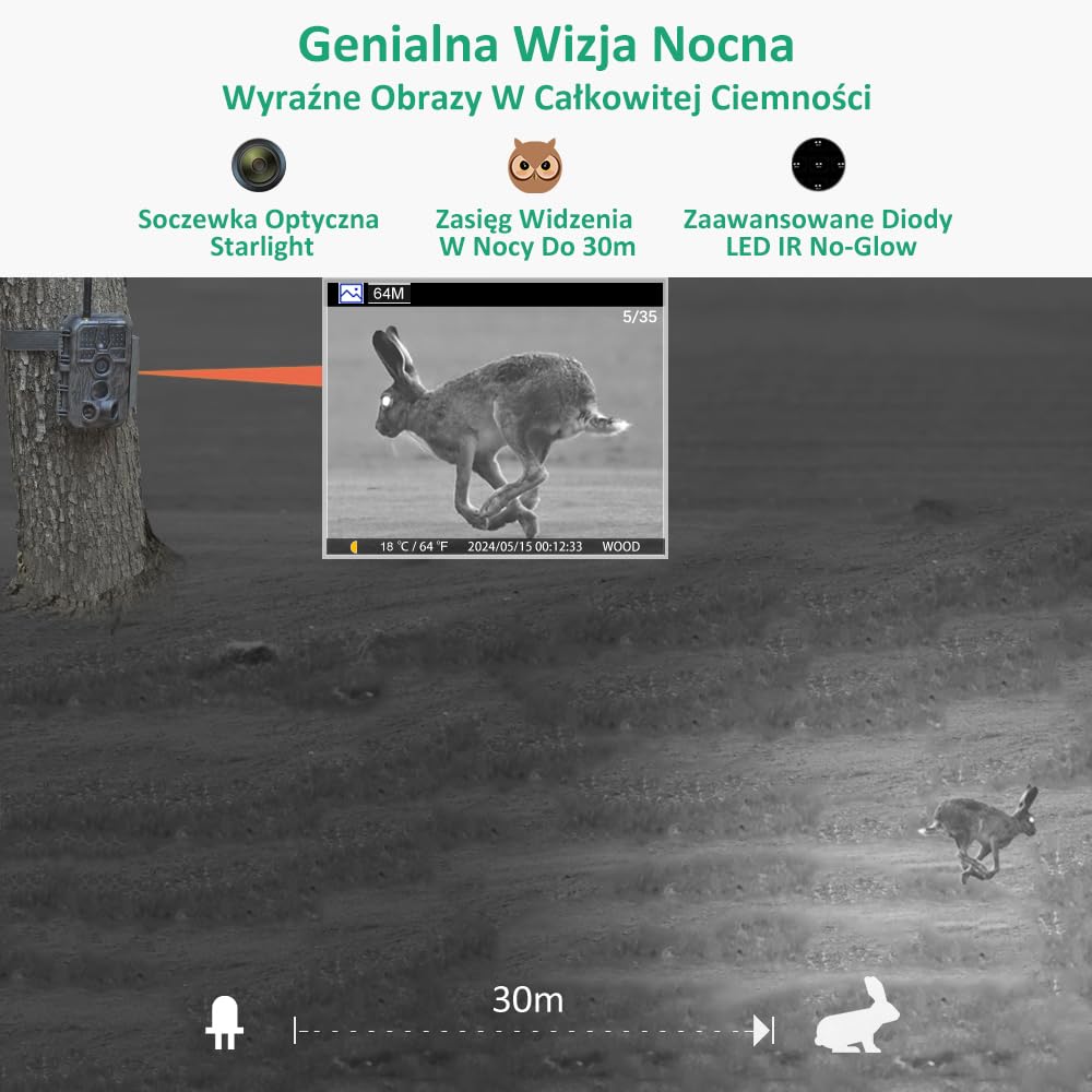 GardePro E8 Kamera Myśliwska WiFi z Aplikacją, 64MP H.264 1296P Wideo, Niewidzialne Podczerwone LED do 30m, 0.1s Szybki Wyzwalacz, Czujnik Ruchu, Kąt 120°, Wodoodporność IP66