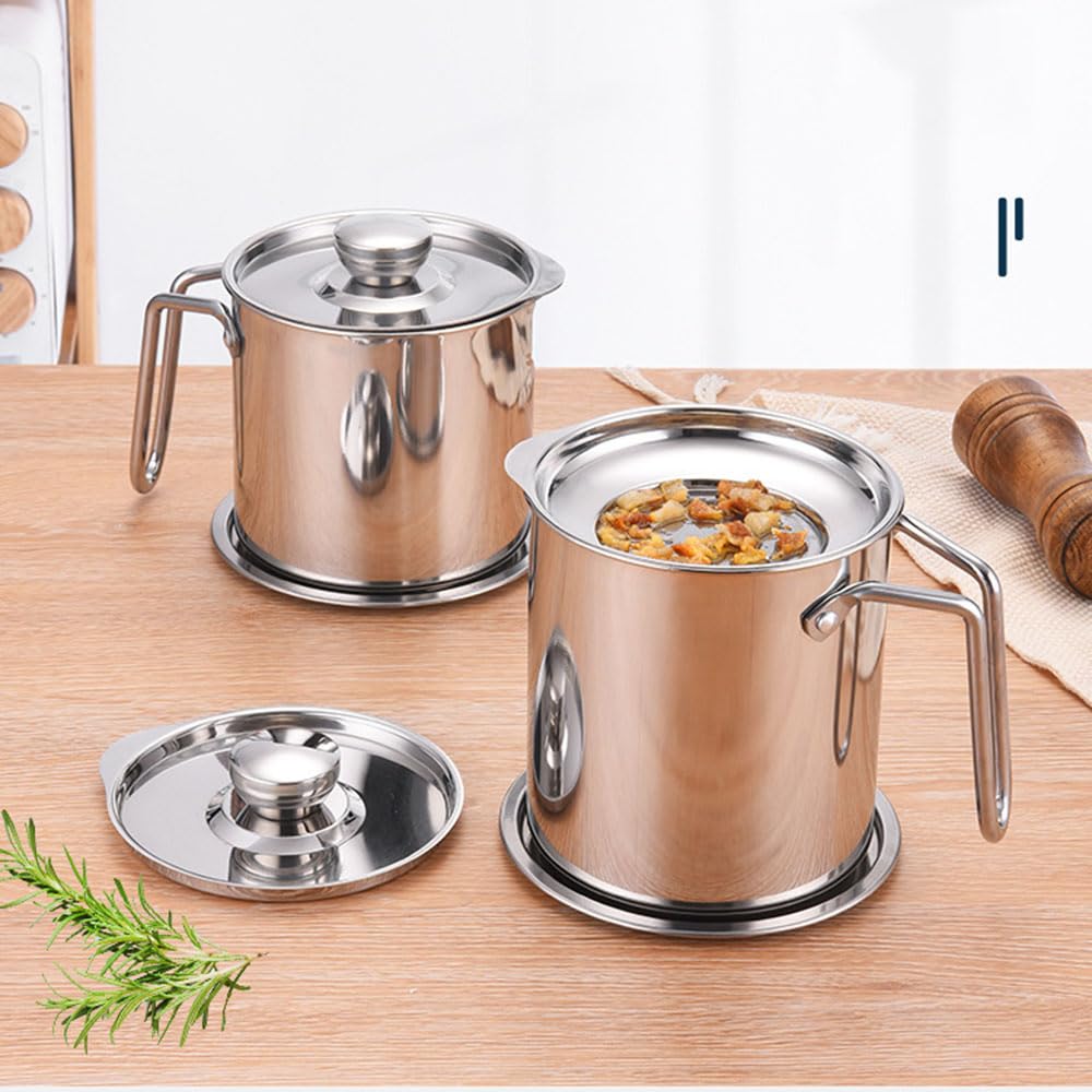 Contenitore per grasso per pancetta in acciaio inox con filtro per olio, coperchio antipolvere e piastra antiscivolo, ideale per conservare olio per friggere e grasso da cucina (1,8 l)