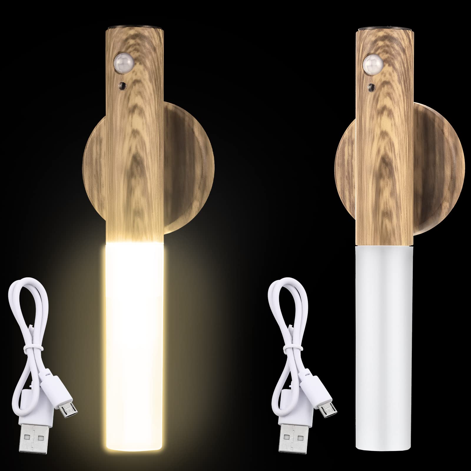 2 Pcs Motion Sensor Night Light Magnetic Wall Light 2 Pcs USB LED Lights Rechargeable Stick Wireless Stair Indoor Wooden Wall Sconces with Large Battery for Hallway Stairway (Light Brown)