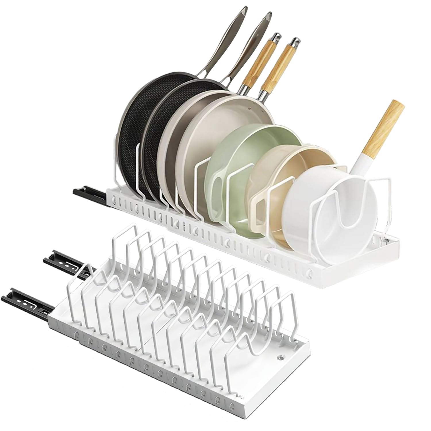 pots and pans organizer under cabinet,pot lid organizers inside cabinet holders for kitchen,horizontal and vertical pulling modes,cast iron storage ((2pcs) white vertical)