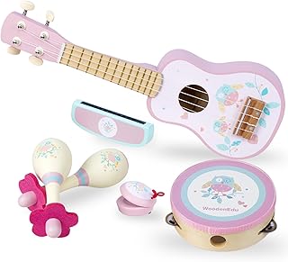 WOODENFUN Children's Guitar for Girls, Wooden Musical Instruments Toy with Ukulele, Tambourine, Maracas, Harmonica, Mini Band Sets for Toddlers, 2, 3 Years Old, Birthday Gift (Pink)