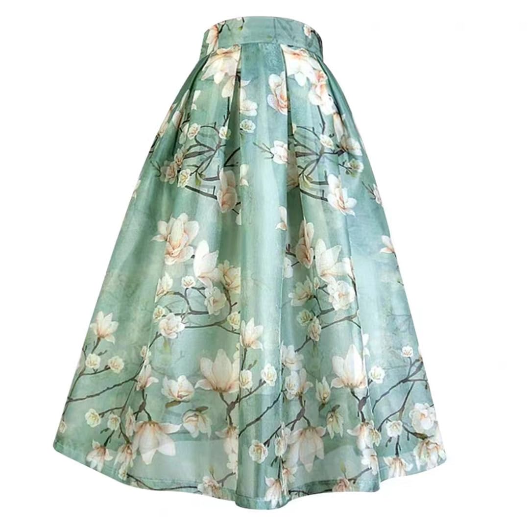 Summer Trendy Vintage Elegant Woman Floral Print High Waist Long Pleated Skirt