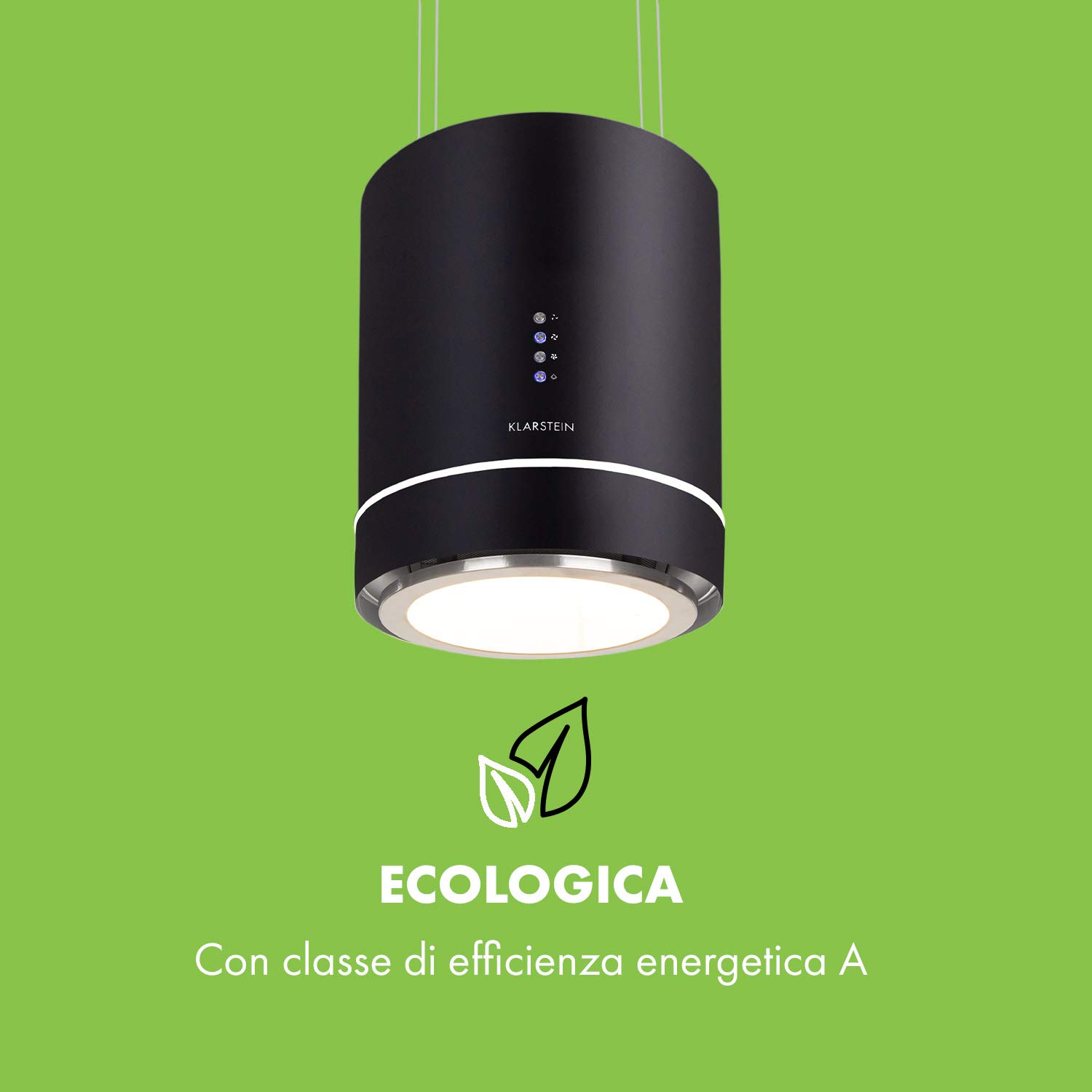 KLARSTEIN Tron Ambience - Cappa da Cucina, Filtri a Carboni Attivi, Cappa Aspirante, ad Isola, 38 x 45 cm (ØxB), Sospensione 60 cm, 3 Modalità, Portata Aria: 540 m³/h, Nero