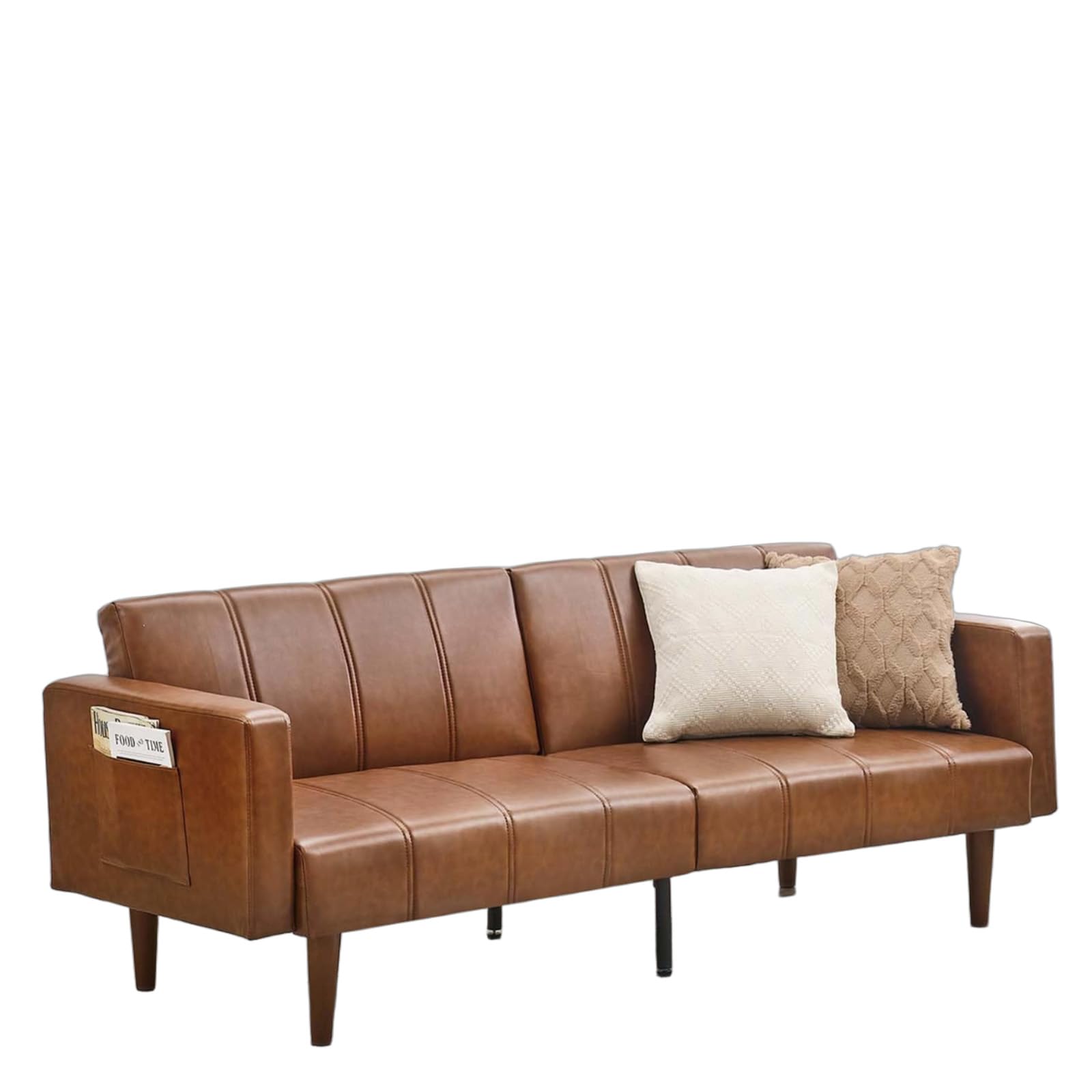 Convertible PU Leather Futon Sofa Bed – 75" Sleeper Couch with Adjustable Backrest, Mid-Century Modern Loveseat, Space-Saving Recliner, Side Pockets, Easy Assembly, Living Room or Guest Room