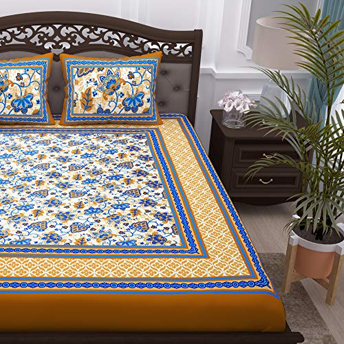 Image of Story@Home Pandora Collection 152 TC 100% Cotton Bedsheet for Double Bed with 2 Pillow Covers (90 X 108 Inch, Yellow & Blue)