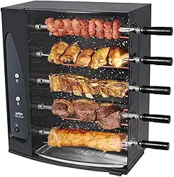 Churrasqueira Elétrica Rotativa com 5 Espetos, 220V, 3200W, Porta de Vidro, Sem Fumaça para Apartamento