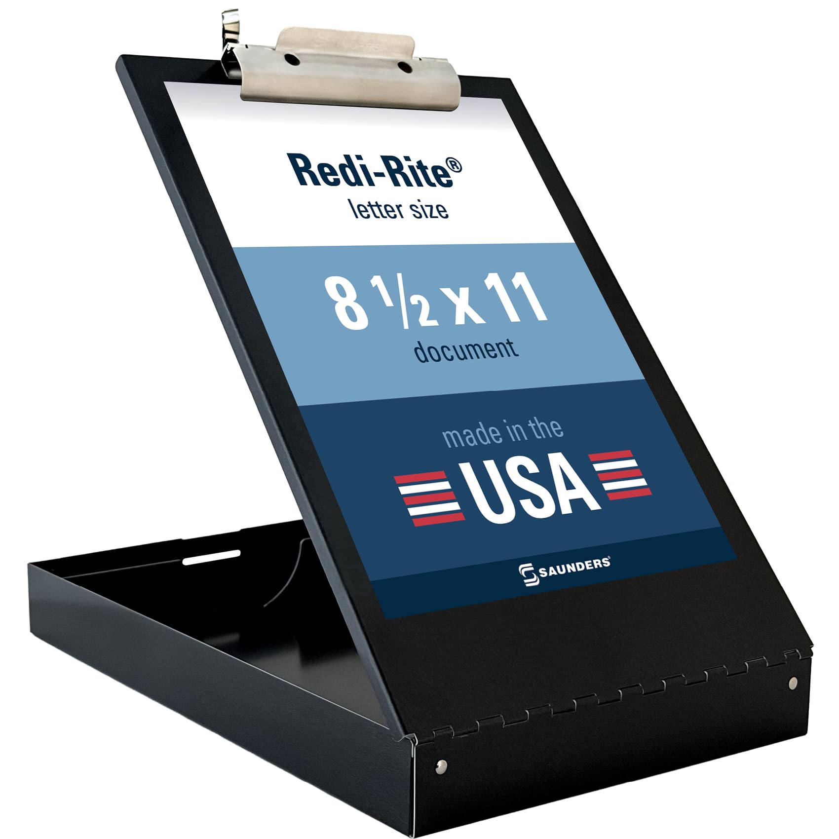 Saunders Metal Clipboard with Storage, Black Single Layer Nursing Clipboard Folio, Letter Size Paper Organizer, Steel Clip with Self Locking Latch,