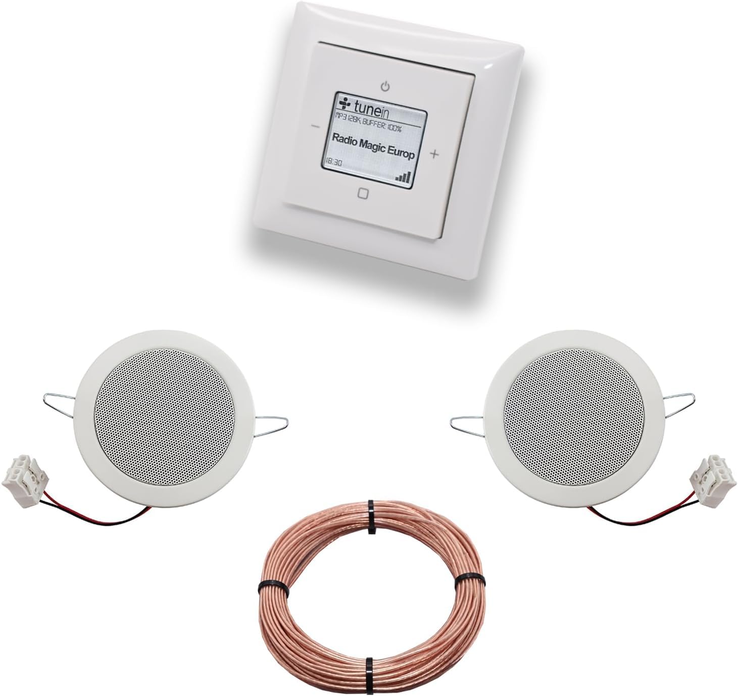 Busch-Jaeger (Original) Unterputz iNet Internet WLAN Radio 8216U (8216U) alpinweiß Komplett-Set Balance SI 2x Deckenlautsprecher/Einbaulautsprecher+Radio komplett+20 Meter Lautsprecherkabel 2x0,75 mm²
