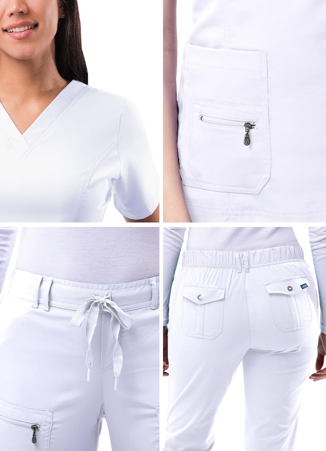 Adar Medizinische Uniform für Damen - V-Ausschnitt Top/Hose mit vielen Taschen - 4400 - White - M