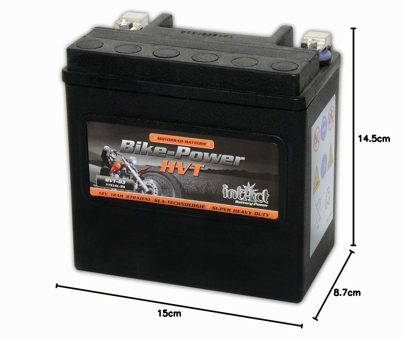 intAct - Batterie de moto HVT | Batterie pour moto, tracteur de pelouse. Batterie sans entretien et anti-fuite. | HVT-03, CTX14L-BS, 65958-04A, batterie 12 V, 14 Ah (c20), 250 A (EN) | Dimensions :