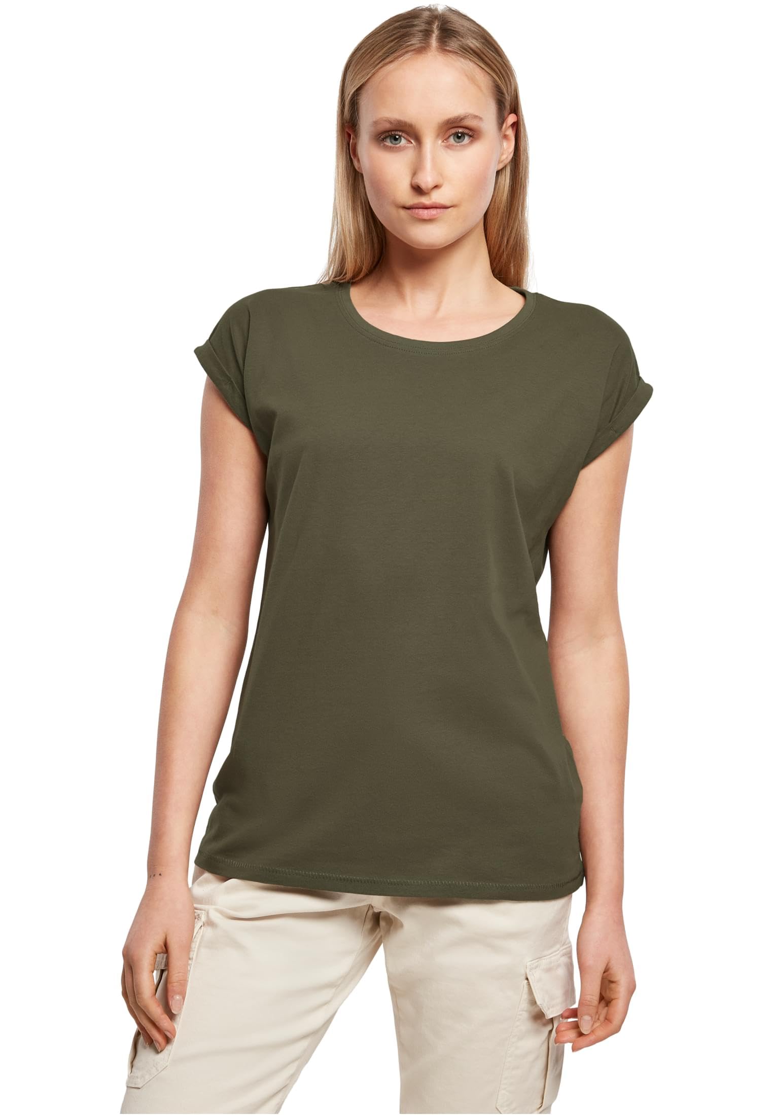Build Your Brand Womens By021-ladies Extended Shoulder Tee T-Shirt, Olive, L EU