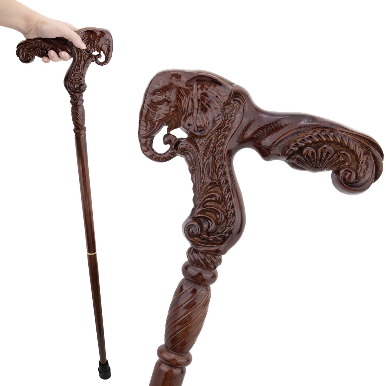 Handgeschnitzter Gehstock Aus Holz Mit Ergonomischem Elefantengriff und Gummispitze für Damen und Herren – Modischer, Einzigartiger Gehstock für Senioren – 94,5 cm