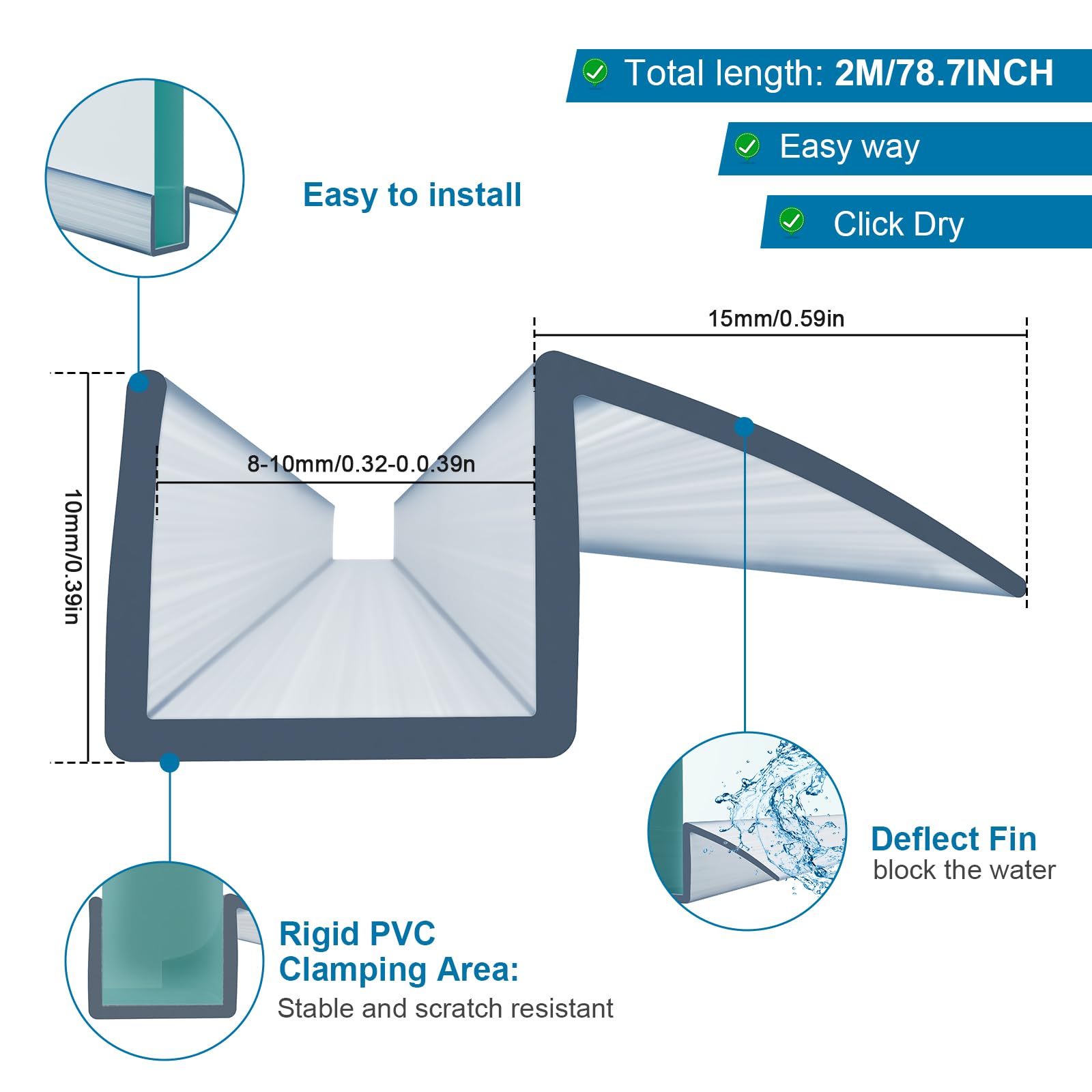 Shower Seal, Shower Screen Seal Strip for 4-6mm Curved Glass That Covers up to 10mm Gap - Image 2