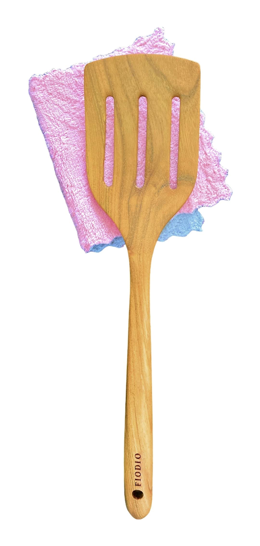 Teak Wooden Spatula For cooking With Microfiber Cloth - Natural Non Stick Healthy Kitchen Utensils Spoons Slotted Turner Handcrafted With Comfort Grip By Fiodio Home