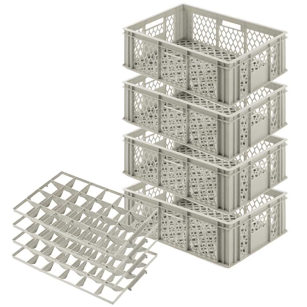 BRB Récipient à Verres, Lot de 4 Boîtes, 24 Verres, Hauteur Max. 175 mm, Diamètre Max. 87 mm, Polyéthylène de Qualité Supérieure, Gris