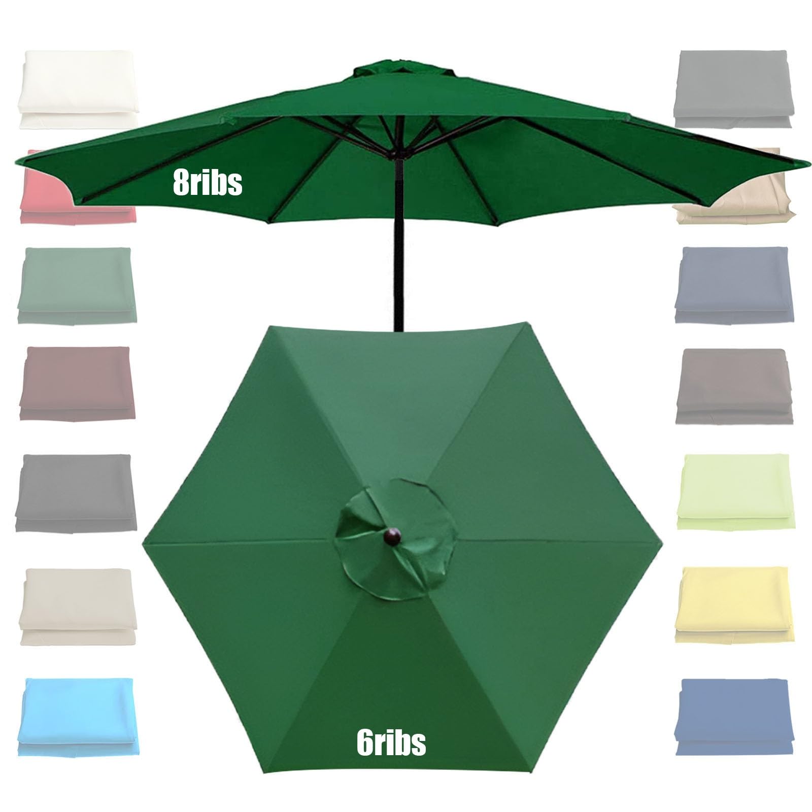 GZDXBF Replacement Umbrella Canopy Top Shade Cover 200cm-6arms, 270cm/300cm-6/8arms, Market Table Umbrella Canopy(Green,6 ribs-3m(9.8ft))