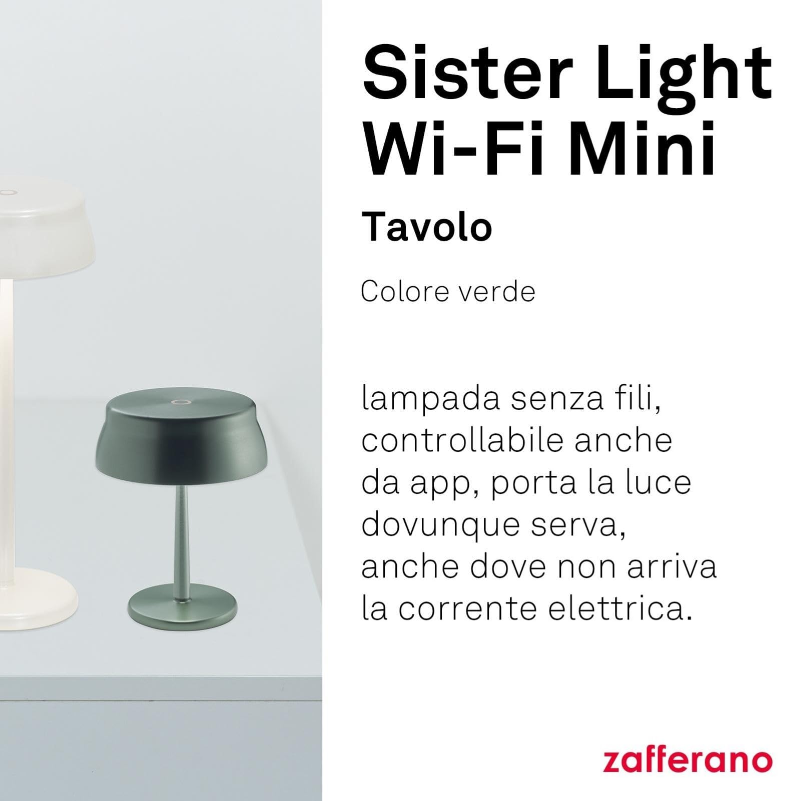 Zafferano, Lampada Sister Light Wi-Fi Mini, Lampada da Tavolo Ricaricabile e Senza Fili con Controllo da Remoto, per Salotto ed Esterni, Dimmer a Step, 2200-4000 K, Altezza 17 cm, Colore Verde