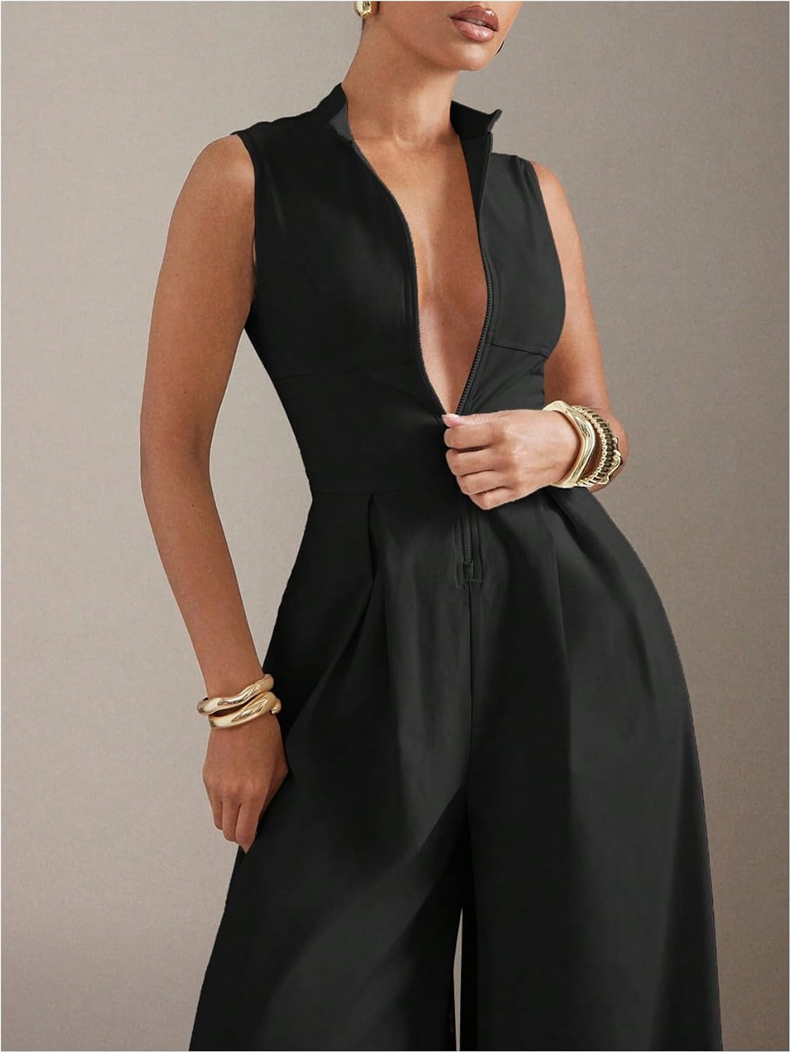 SOLY HUX Women's Zipper Front Wide Leg Jumpsuit Summer Mock Neck Sleeveless Elegant Romper - Image 4