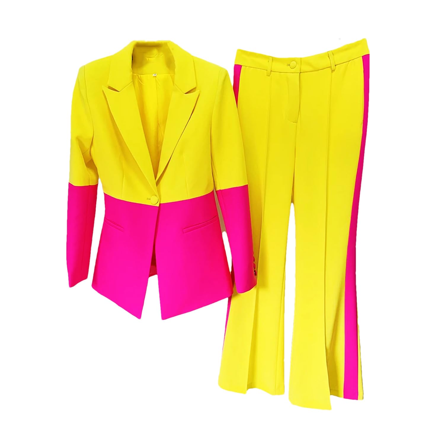 Womens Single Button Color Block Notch Collar Blazer Flare Pants Slim Fit Suit