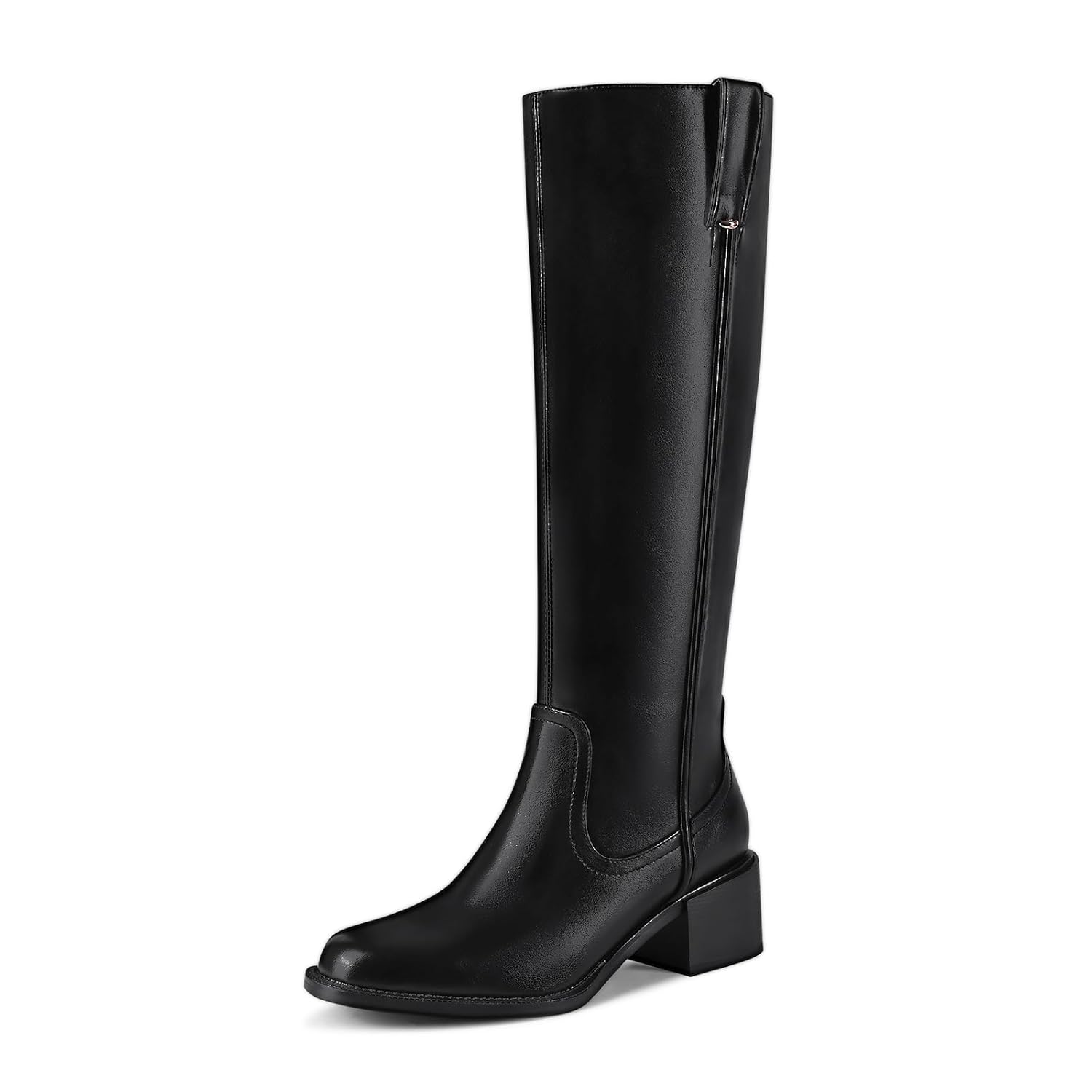 Knee High Boots for Women Chunky Heel Round Toe Leather Patent Boots Low Block Heel Tall Boots With