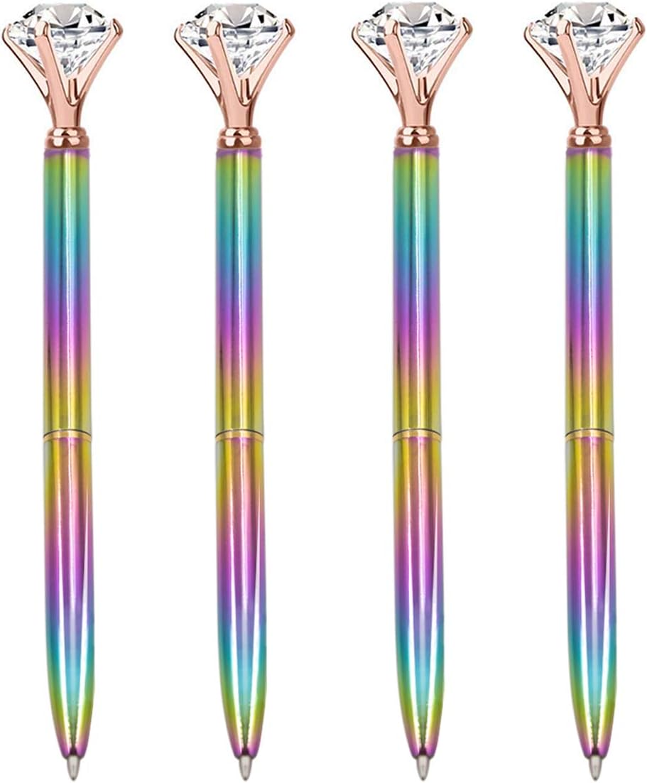 Diamond Ballpoint Pens,4 Pieces Rainbow Big Diamond Fancy Pens for Women Rhinestones Crystal Metal Black Ink Ball Point Pens Girly Pen Writing Gift Pens Office Home Supplies(C)