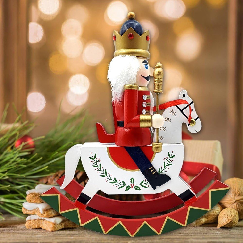 Figurine Casse-Noisette Soldat Sur Cheval à Bascule En Bois - Décoration De Noël Traditionnelle - 26x22 Cm
