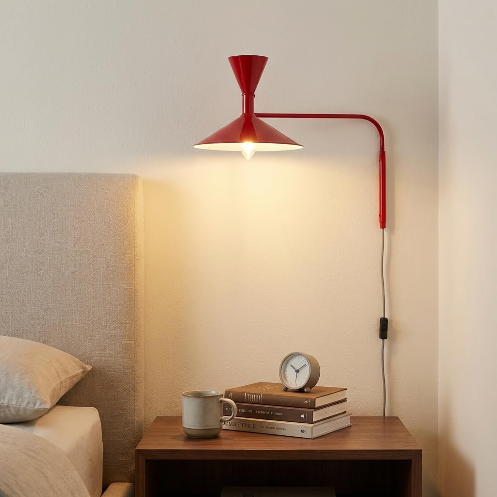 BARCELONA LED Applique Murale Industrielle Grand Modèle 40 cm, Lampe Murale à Bras Articulé, Style Vintage, Abat-jour Métal Rouge Intérieur Blanc, Idéal Restaurant, Escalier et Chambre