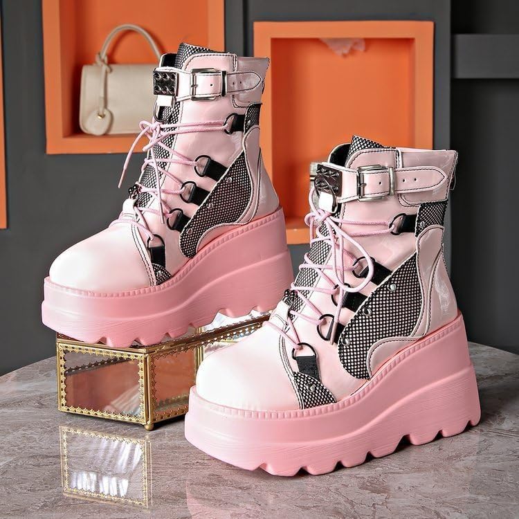 Image of Womens Goth Platform Boots Chunky High Heel Booties Round Toe Combat Ankle Boots Womens Lace Up Motorcycle Wedges Shoes