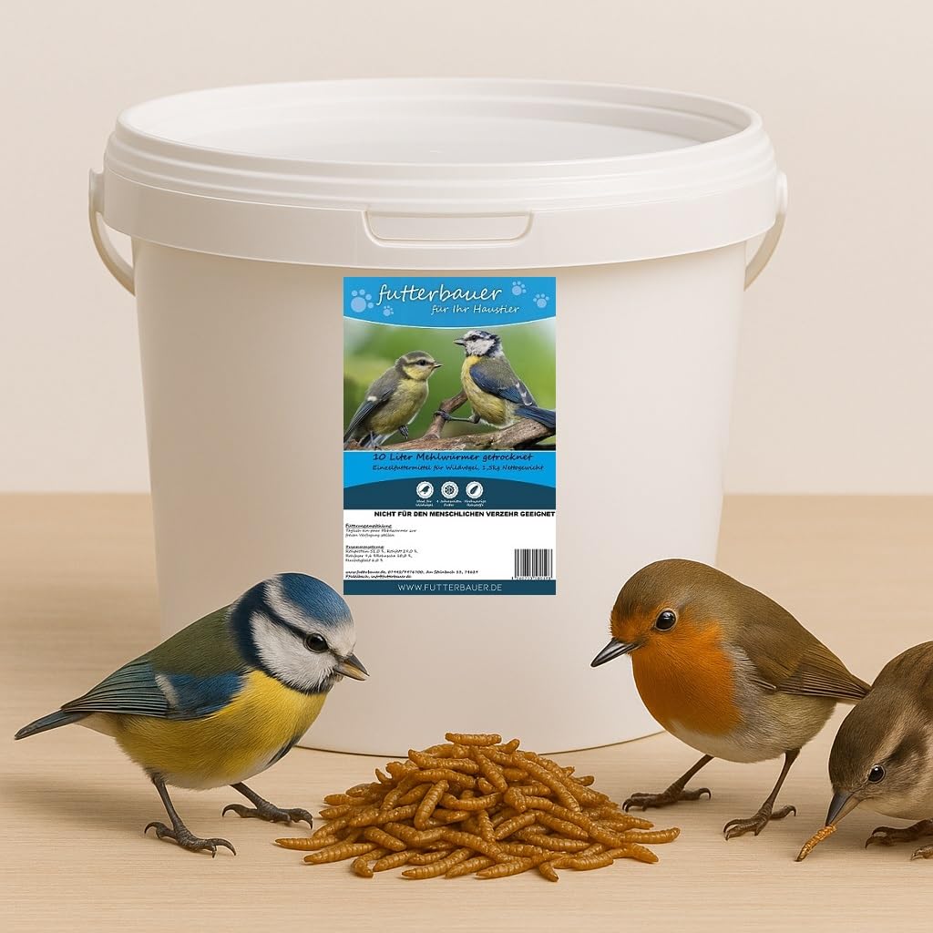 10 Liter Mehlwürmer im praktischen Eimer Getrocknete Mehlwürmer – 100% Naturfutter für Wildvögel, Fische & Igel |Proteinreiches Premiumfutter ohne Zusätze |