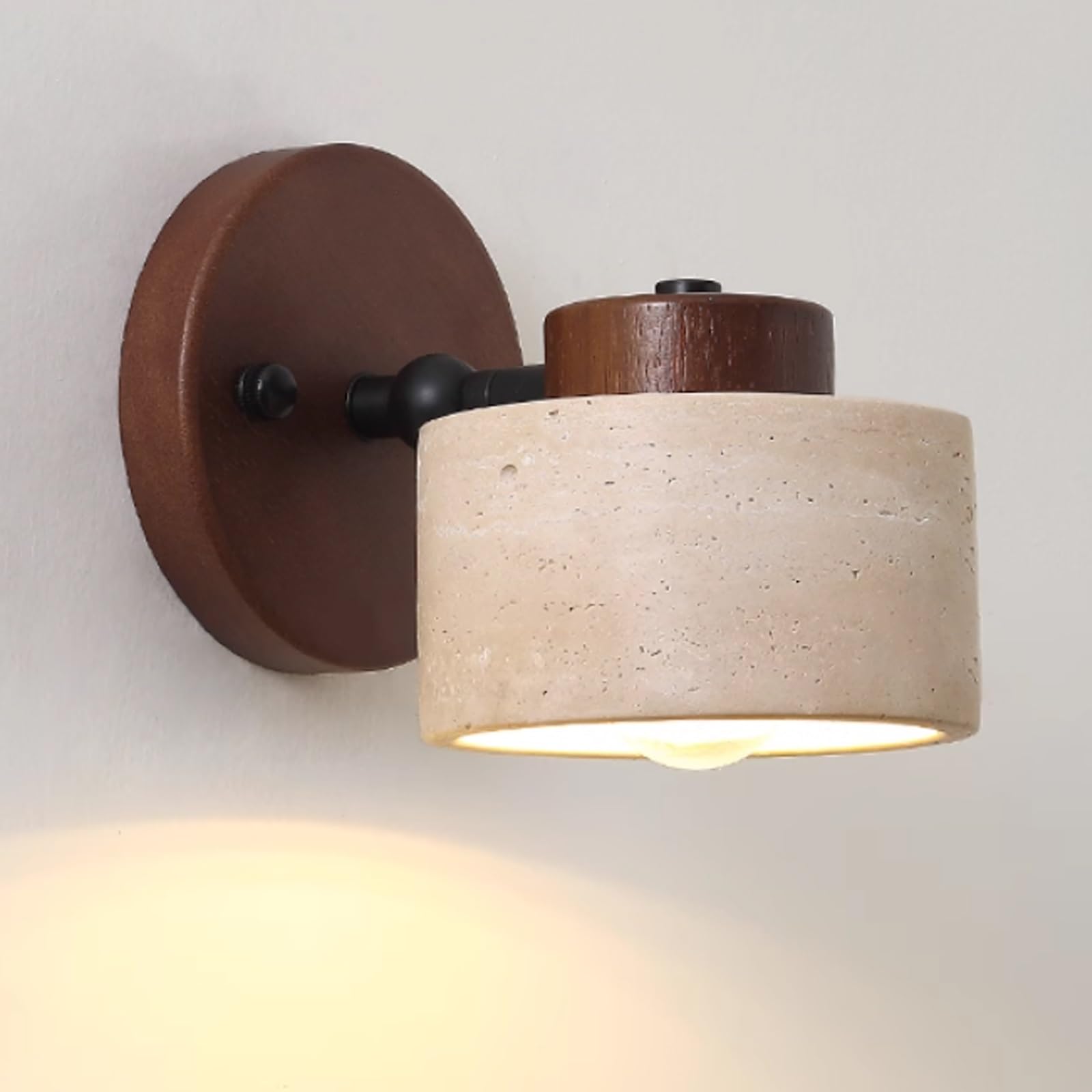 Apliques de Pared Modernos Interior Ajustables de Travertino Amarillo Natural con Pantalla de Piedra Y Base de Madera para Dormitorio Mesita de Noche O Sala de Estar (Color Nogal)