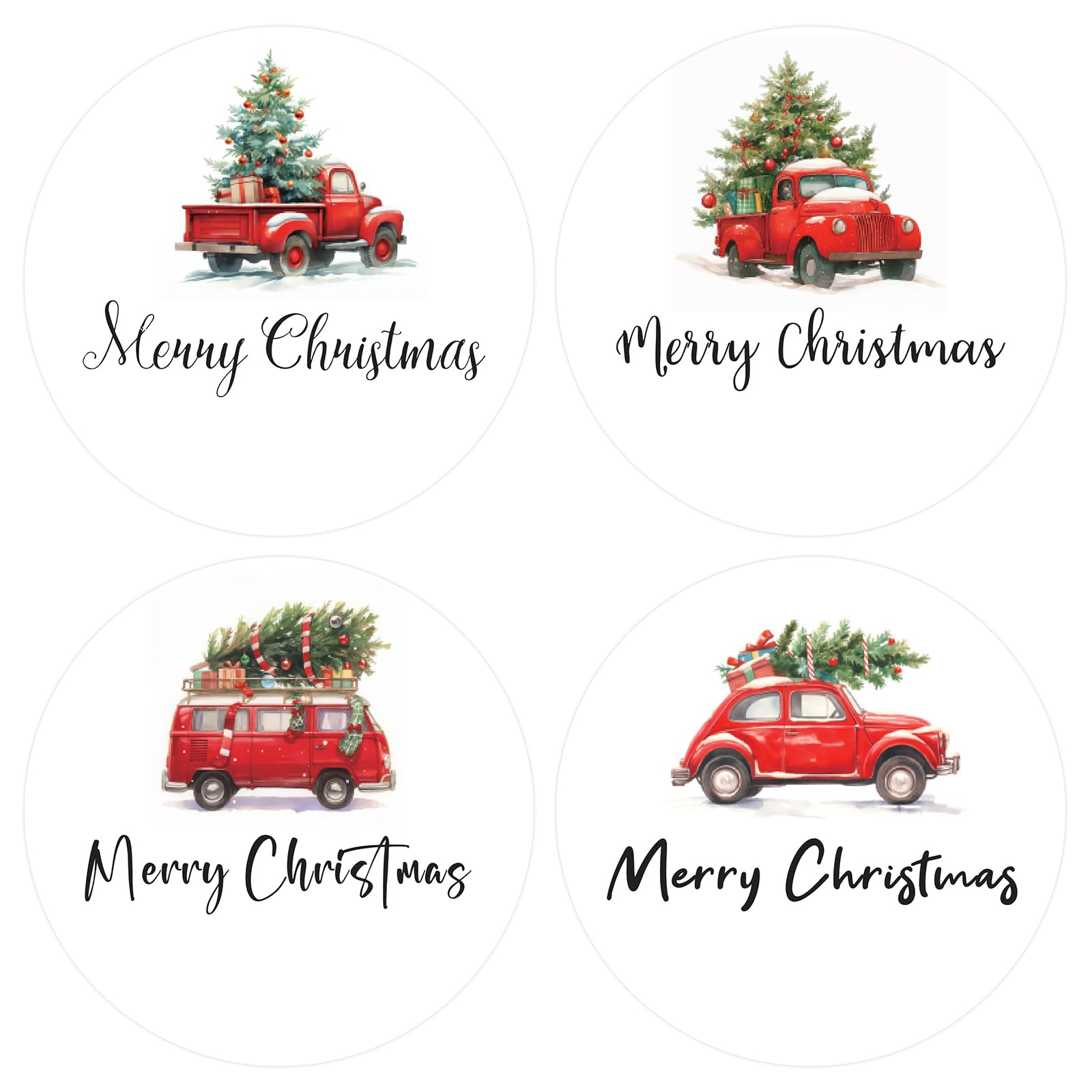 jijAcraft Merry Christmas Stickers 120 Pcs 2" Large Round Christmas Stickers with Car Carrying Tree., Christmas Stamping Labels for Christmas Cards Gift X-mas Present Label Seals Boxes Envelope