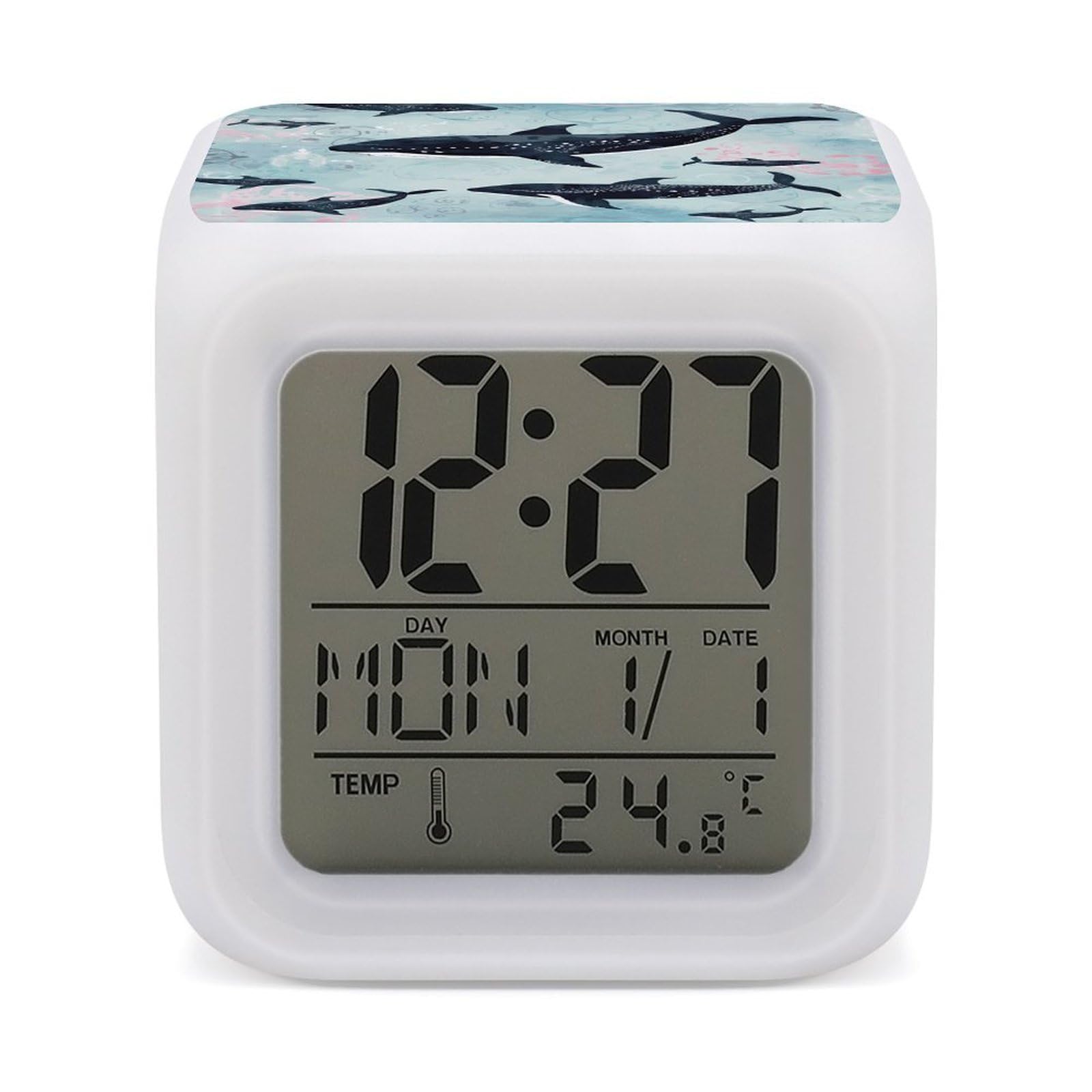 VstaDank Whale Alarm Clock with 7 Color Changing Night Light Date Temp Display Wake Clocks LED Display Digital Clock Electric Desk Clocks for Living Office Bedroom Decor
