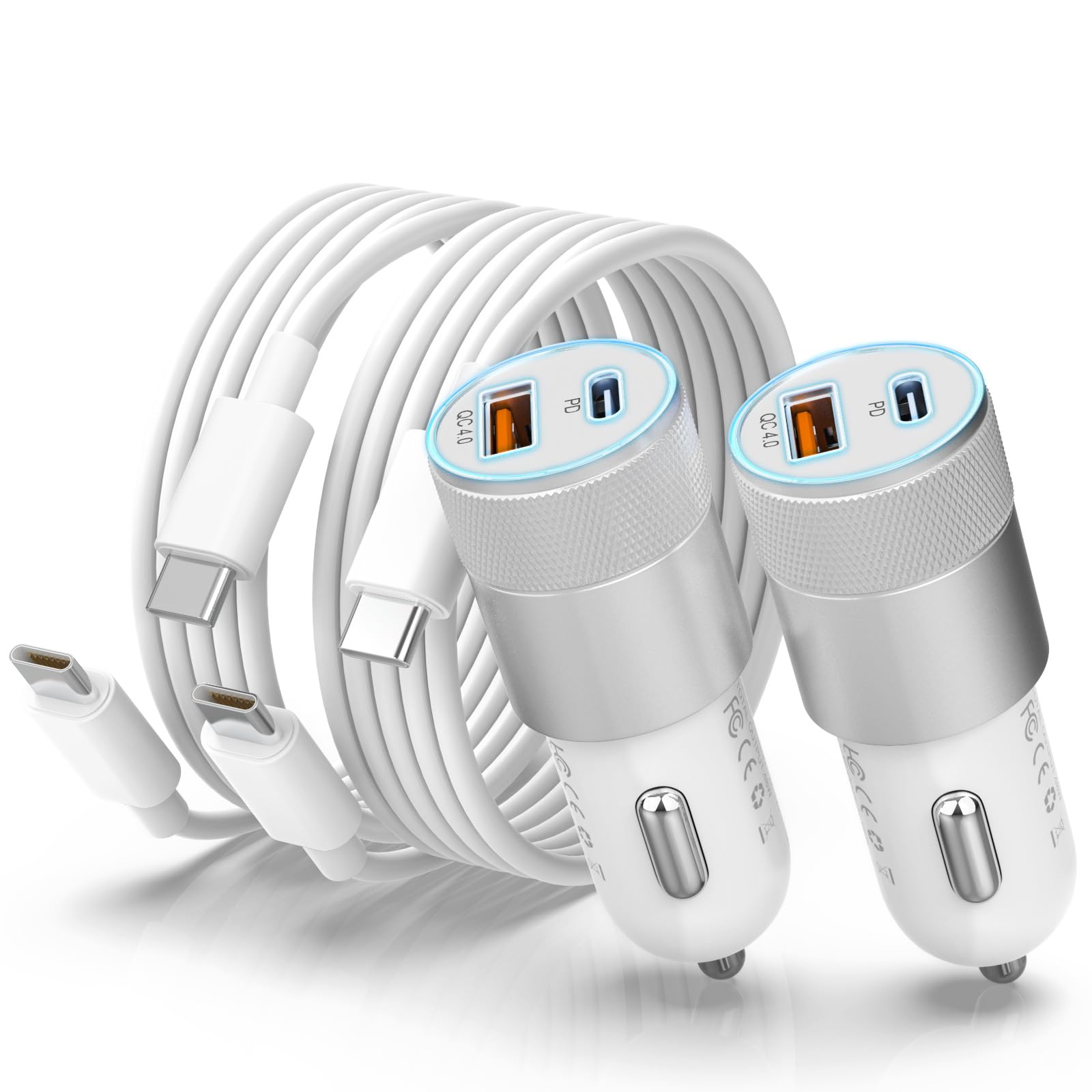 2 Pack 48W Car Charger Adapter and Cable Lighter USB Charger for iPhone 16 15 Pro Samsung S23/22 iPad, with 2xUSB C to C Cable PD3.0 Car Phone Charger Cigarette 12V USB Socket